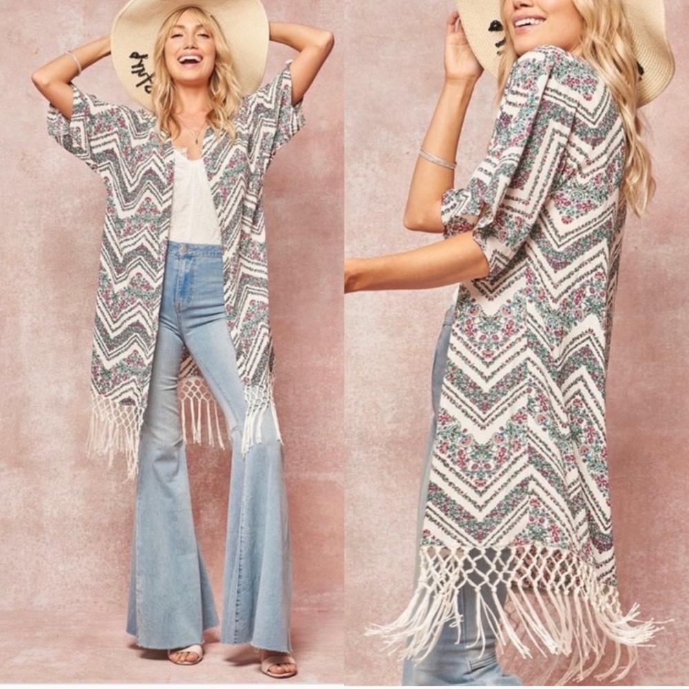 New!clearance BoHo Ivory and green fringe kimono - Picture 2 of 3